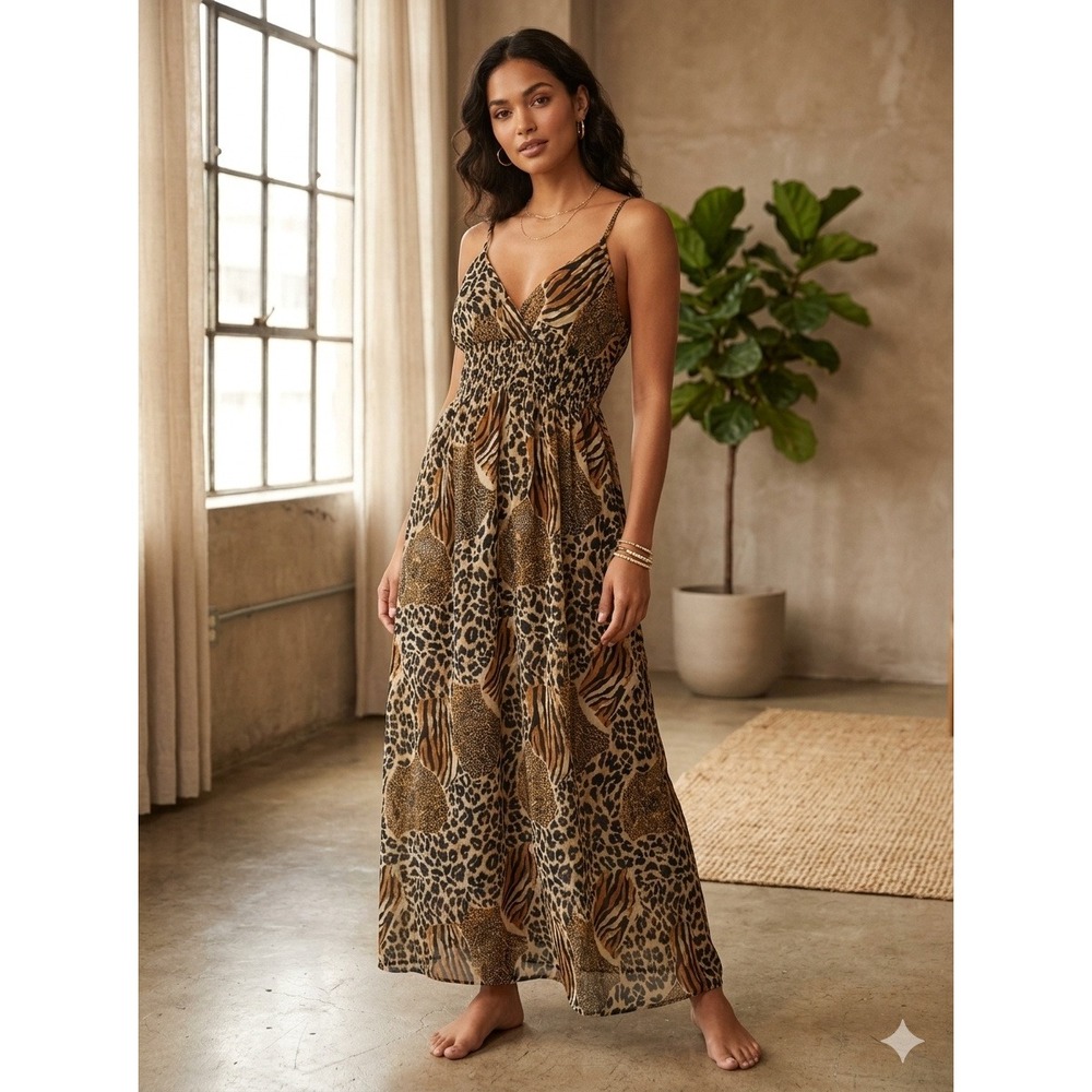 She's Cool Animal Print Maxi Dress Leopard Tiger Smocked Empire Waist Brown L